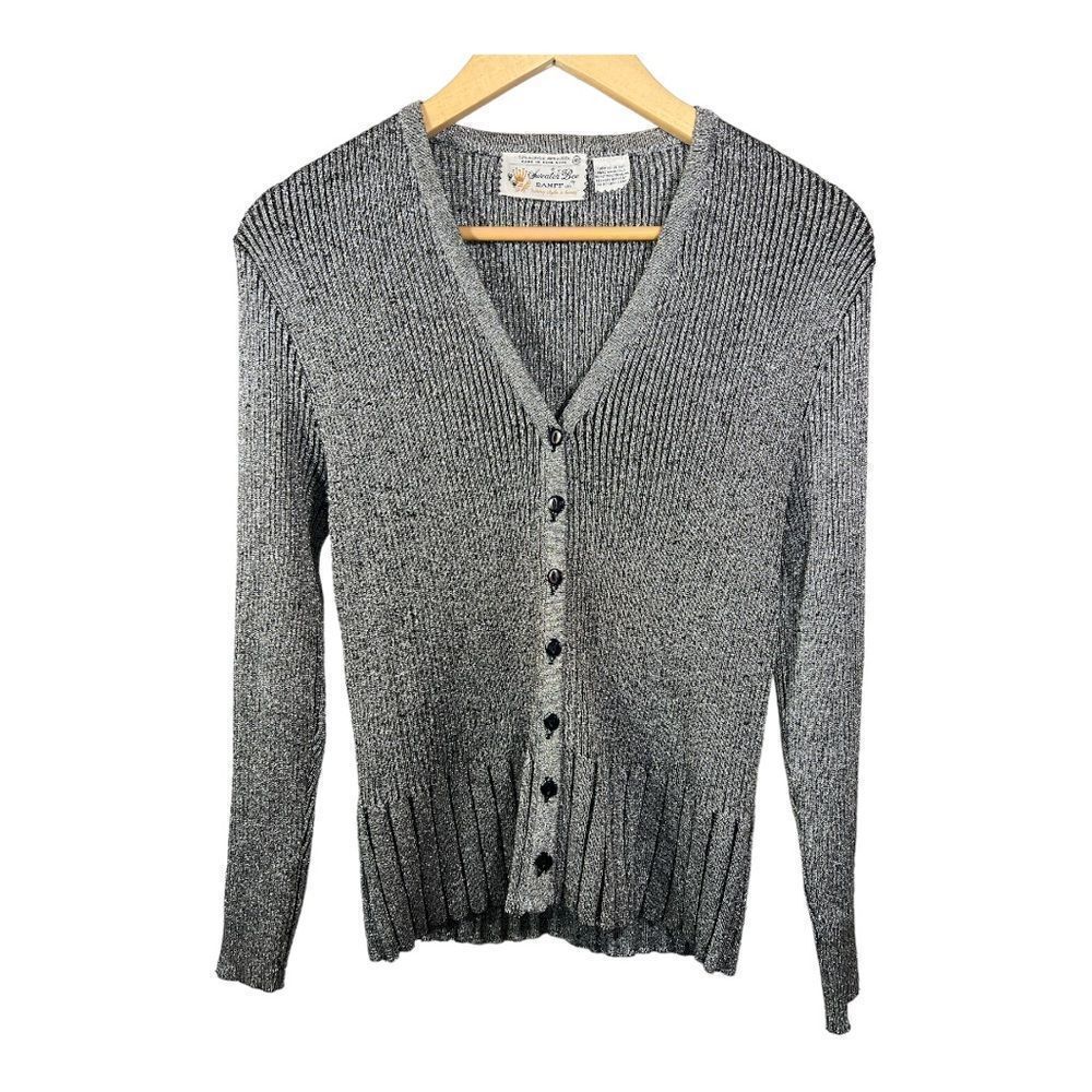 SWEATER BEE by BANFF Women’s Vintage 70s Metallic Ribbed Cardigan Silver Size 42